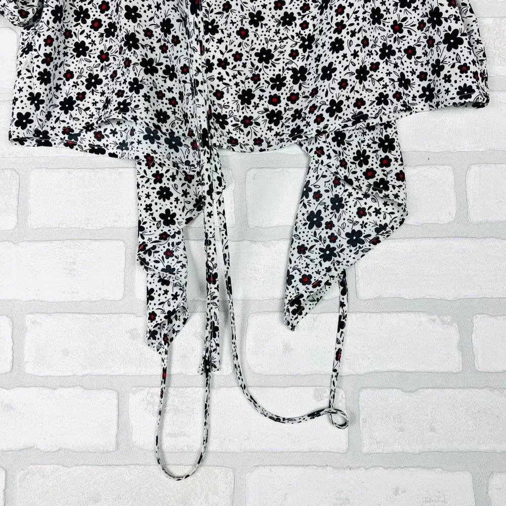Zara Womens Floral Wrap Top White Black Red Ditsy Puff Sleeve Blouse Medium